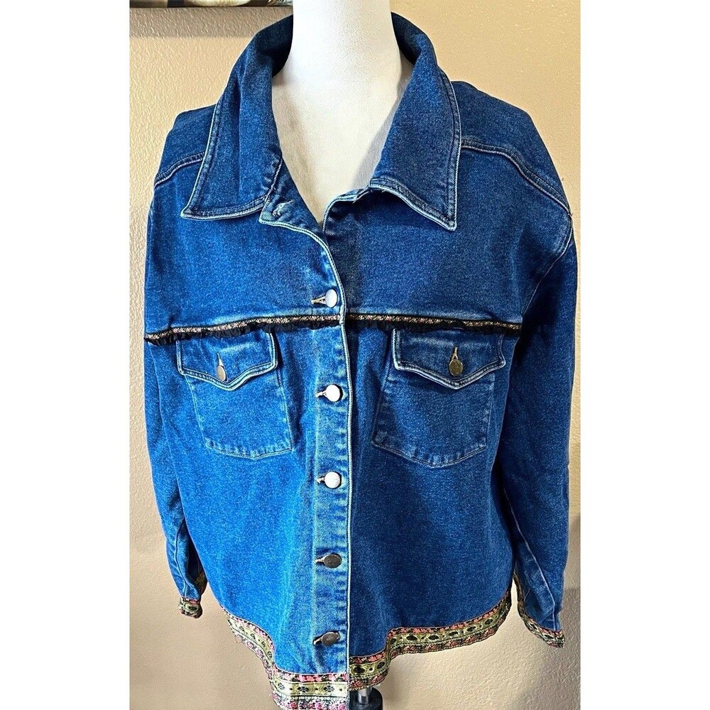 Vintage 90’s Carole Little Denim Jacket Women’s 22 Floral Tapestry Trim Blue.